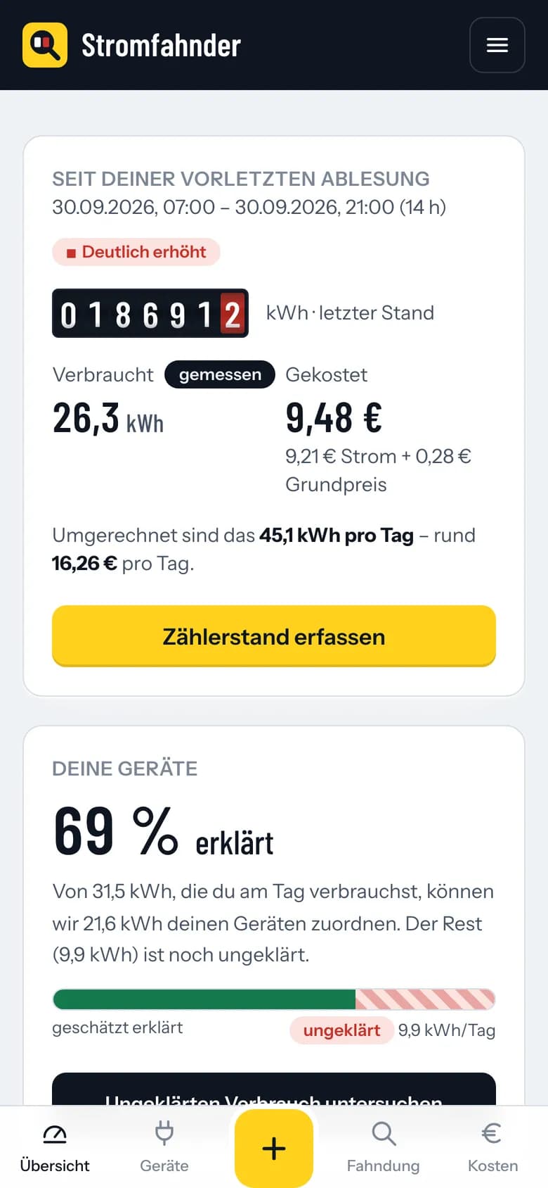 Stromfahnder auf dem Handy: Übersicht mit Zählwerk und großem Knopf zum Erfassen des Zählerstands